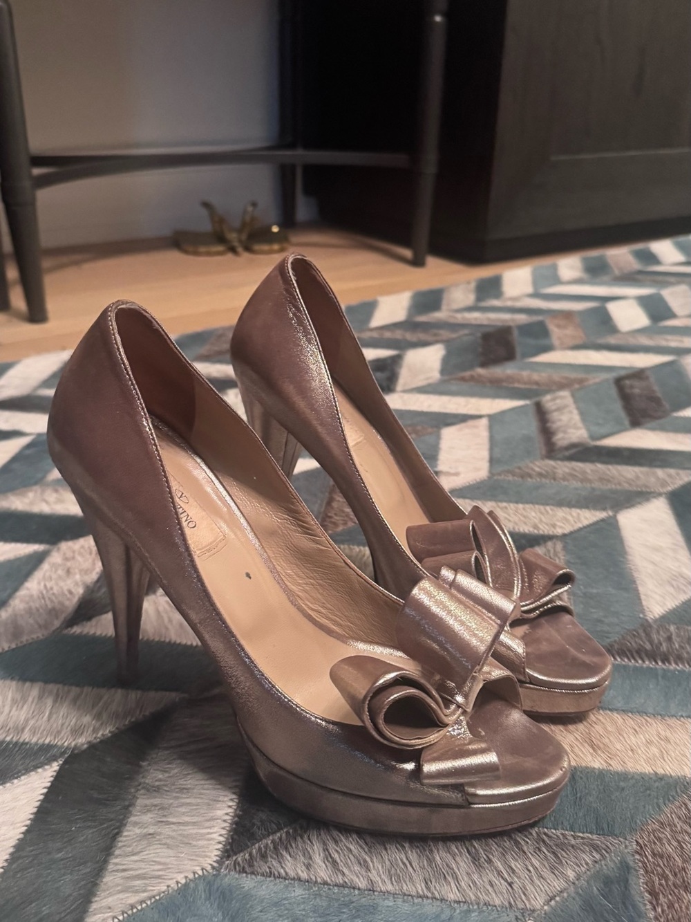 Valentino Metallic Taupe Bow Peep-Toe High Heels